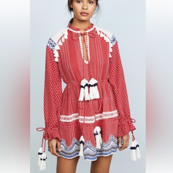 HEMANT & NANDITA Dresses & Skirts - HEMANT & NANDITA Red Embroidered Tassel Long-Sleeve Mini Dress